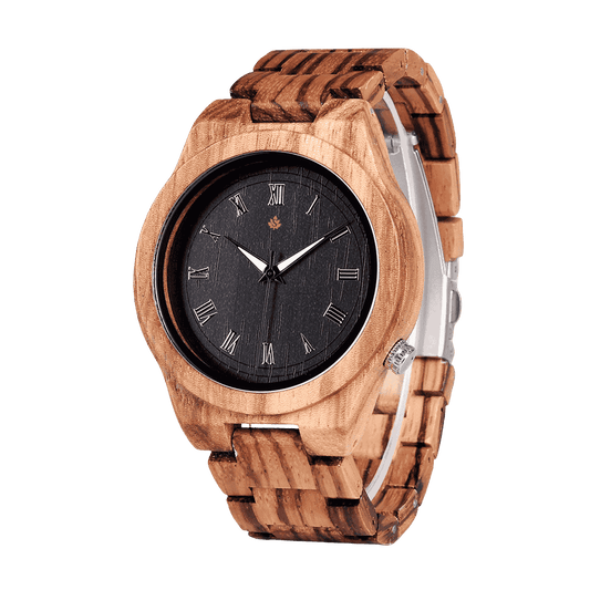 Showcase of the Sakawood Australia Roman wooden watch on a rustic wooden surface, showcasing detailed Roman numerals, and premium handcrafted quality by Sakawood Australia.