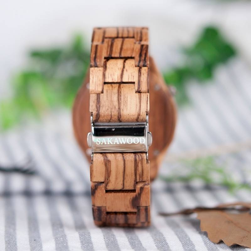 Macro photo back of Sakawood Australia Roman wooden watch face, highlighting polished wood bezel, detailed Roman numerals, and premium handcrafted quality by Sakawood Australia.