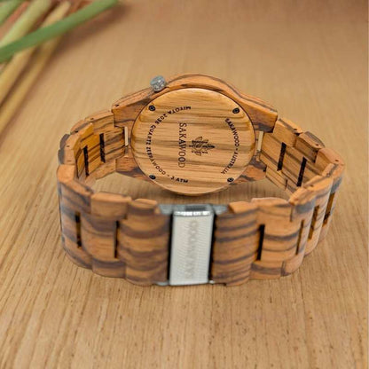 Flat lay back dial of Sakawood “Australia?” Roman watch — symbolizing Sakawood’s sustainable watch design and one-tree-per-order reforestation mission.